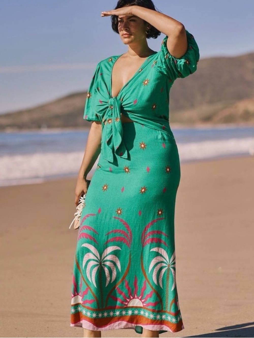 Anthropologie Green Floral Midi Dress with Pink & White Accents